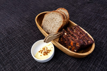 Delicious breakfast bread on table