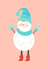 Smiling Snowman in Blue Knitted Scarf Hat Mittens
