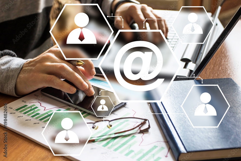 Poster businessman presses button mail on phone virtual electronic user interface email.