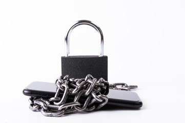 Phone oin chains and LOCK on background isolated on white