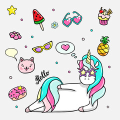 Set of hand drawn illustrations of a magic unicorn and different party attributes