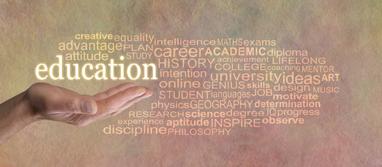 Words associated with education Word Cloud - male open hand with the word EDUCATION floating above...