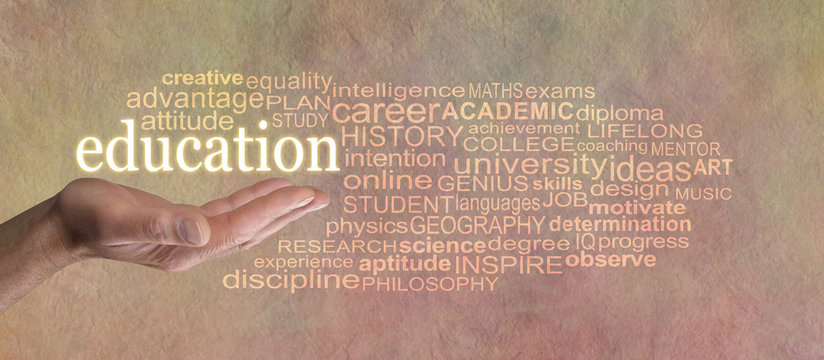 Words associated with education Word Cloud - male open hand with the word EDUCATION floating above surrounded by relevant words on a rustic stone effect background
