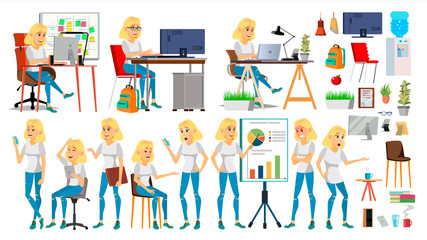 Business Woman Character Vector. In Action. Office. IT Startup Business Company. Blonde Elegant Modern Girl. Meeting. Various Views. Environment Process. Planning. Cartoon Illustration