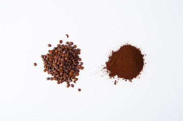Coffee Beans and coffee ground isolated on white background area for copy space.