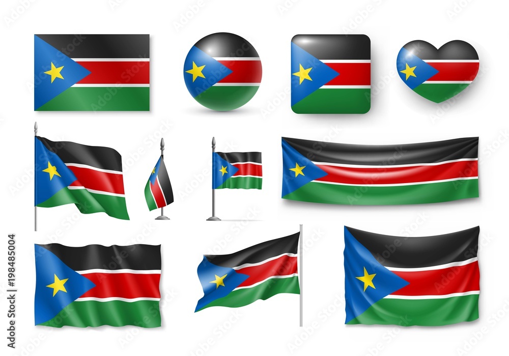 Wall mural set south sudan flags, banners, banners, symbols, flat icon. vector illustration of collection of na