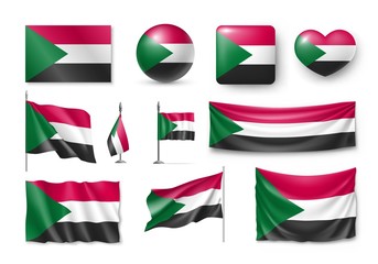 Set Sudan flags, banners, banners, symbols, flat icon. Vector illustration of collection of national symbols on various objects and state signs