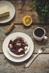 salad of beetroot, soft cheese and greens