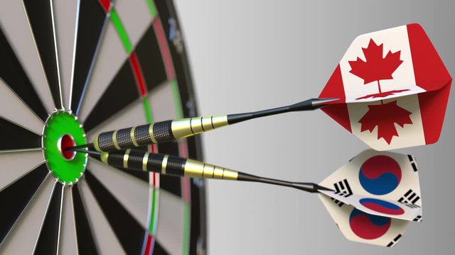 Flags of Canada and Korea on darts hitting bullseye of the target. International cooperation or competition conceptual animation