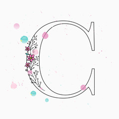 C letter. Hand drawn floral alphabet with watercolor drops.