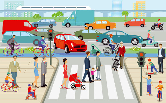 Stadt mit  Fußgängerüberweg und Straßenverkehr,  Illustration