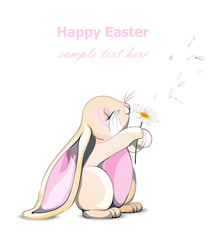 Happy Easter bunny card Vector. Cute rabbit holding dandelions Cartoon characters