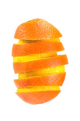 sliced flying orange and lemon isolated on white background. orange and lemon mixed pieces formone fruit. lemon and orange creative mix