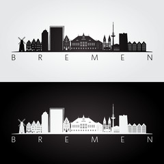 Bremen skyline and landmarks silhouette, black and white design, vector illustration. - obrazy, fototapety, plakaty