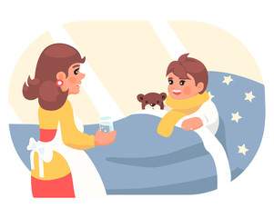 Vector illustration about mother which giving their ill child the cure.