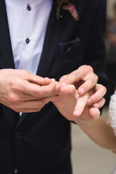 Groom Putting Ring on Bride's Finger