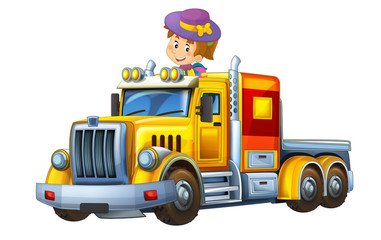 cartoon scene with happy and funny child - girl in cargo truck without trailer - illustration for children 