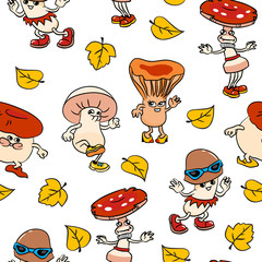 Seamless pattern with cartoon mushrooms and leafs