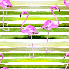 Watercolor Stripes Seamless Pattern with Flamingo.