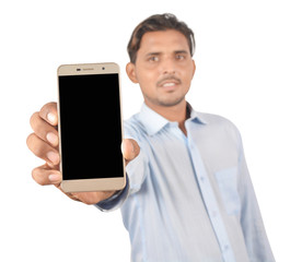 Man holding smartphone with  blank screen professionally isolated on white background