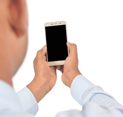 Man holding smartphone with  blank screen professionally isolated on white background