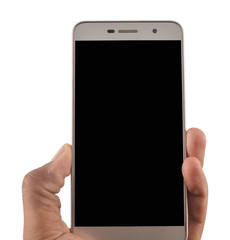 Hand holding blank screen smartphone isolated on white background professionally