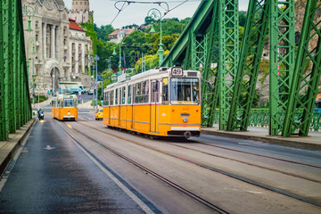 Freedom Bridge and yellow train in Budapest.