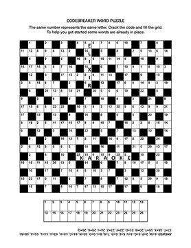Puzzle page with codebreaker (codeword, code cracker) word game or crossword puzzle. General knowledge, some words already in place, medium level. Answer included.
