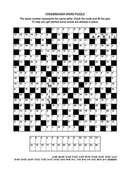 Puzzle page with codebreaker (codeword, code cracker) word game or crossword puzzle. General knowledge, some words already in place, medium level. Answer included.
