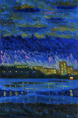 Spring night on the shore of the city lake.Oil painting on canvas.Blue and orange color scheme. In the foreground there is melting ice of lake surface, in the background there are lights of the city.
