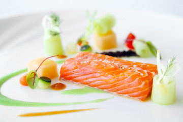 Exquisite salmon dish, creative restaurant meal concept, haute couture food