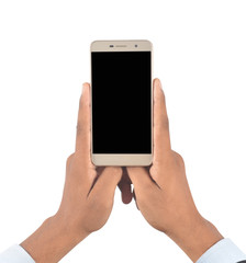 Hand holding blank screen smartphone isolated on white background professionally