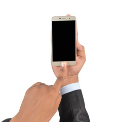 Hand holding blank screen smartphone isolated on white background professionally
