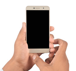 Hand holding blank screen smartphone isolated on white background professionally