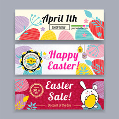 Easter banners with bunny, multicolored eggs. Easter blank