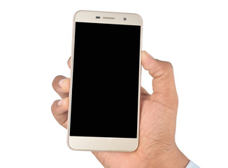 Hand holding blank screen smartphone isolated on white background professionally