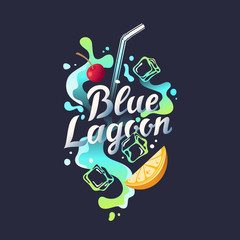 Modern hand drawn lettering label for alcohol cocktail Blue Lagoon. Handwritten inscriptions for layout and template.