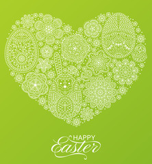 Happy Easter background. Good design template for banner, greeting card, flyer. Ornamental white bunny, eggs and flowers. Vector illustration.