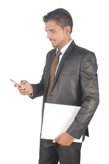 Man touching android phone screen professionally isolated on white background