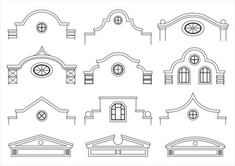 A set of silhouettes of classic vintage facades. Templates for colorings. Vector graphics. Architectural elements of pediments - obrazy, fototapety, plakaty