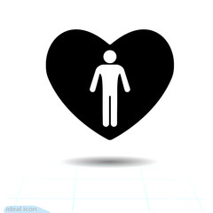 Heart vector black icon, Love symbol. The silhouette beautiful white man, male icon in heart. Valentines day sign, emblem, Flat style for graphic and web design, logo