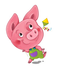 cartoon scene with pig running and playing holding kite - illustration for children