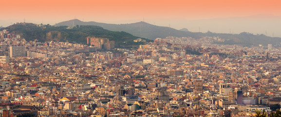 Barcelona cityscape at sunset. panorama view, Spain