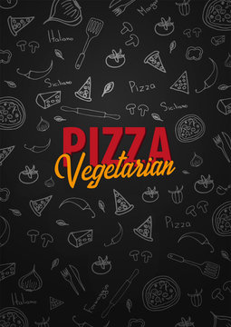 Pizza food menu for restaurant and cafe. Design template with hand-drawn graphic elements in doodle style. Vector Illustration