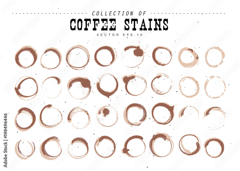 Wall mural vector collection of artistic round hand made coffee stains isolated on textured background. perfect