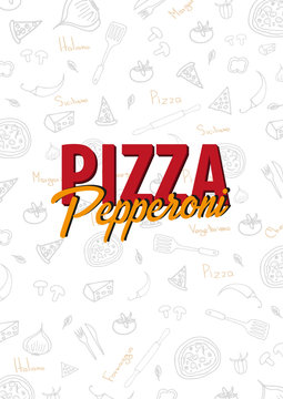 Pizza food menu for restaurant and cafe. Design template with hand-drawn graphic elements in doodle style. Vector Illustration