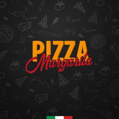Fototapeta premium Pizza food menu for restaurant and cafe. Design banner with hand-drawn graphic elements in doodle style. Vector Illustration