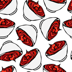 Seamless Endless Background Bowl of Ketchup Sauce . Tomato Paste. Sauce For Italian Cuisine, Pizza, Fast Food, Beer Snacks French Fries, Chips. Realistic Hand Drawn Illustration. Savoyar Doodle Style.
