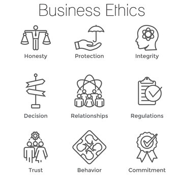 Business Ethics Outline Icon Set w Honesty, Integrity, Commitment, & Decision