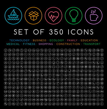 Set of 350 Modern Thin Stroke Colored Icons on Circular Buttons ( Multimedia Business Ecology Education Family Medical Fitness Shopping Construction Travel Hotel ) 